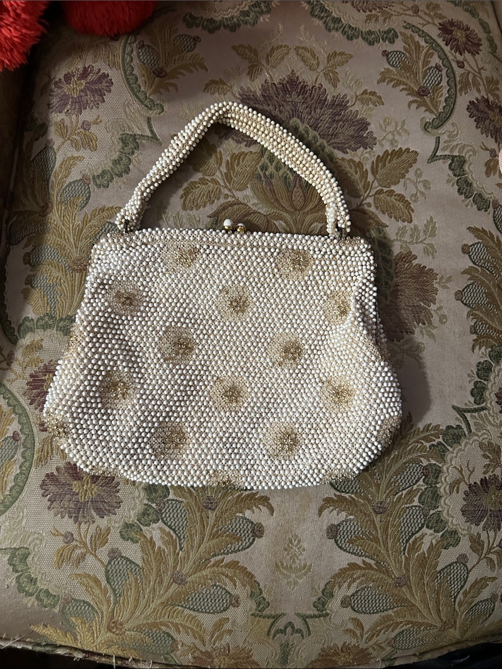 Ivory Beaded Handheld Clutch with Gold Dot Accents